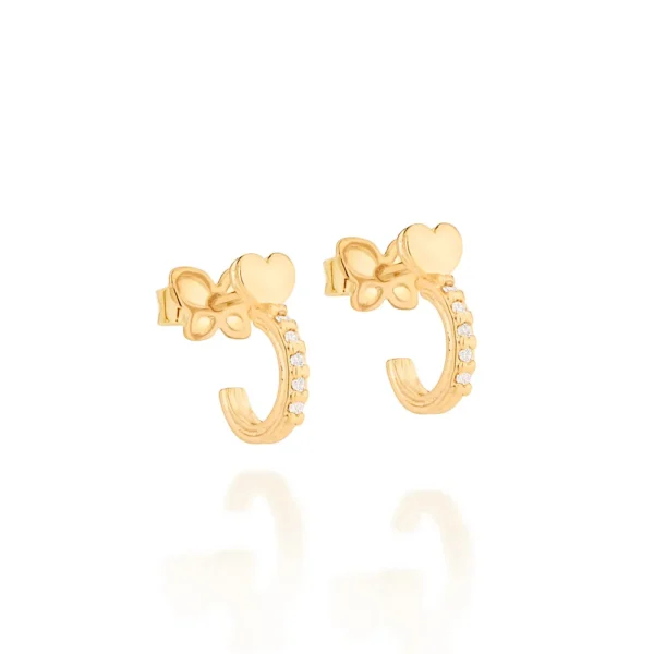 BRINCO MEIA ARGOLA CORAÇÃO BANHADO A OURO 18K COM ZIRCÔNIAS - TAM.ÚNICO