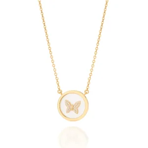 GARGANTILHA BORBOLETA BANHADA A OURO 18K COM MADRE PÉROLA SINTÉTICA E ZIRCÔNIAS - TAM.50