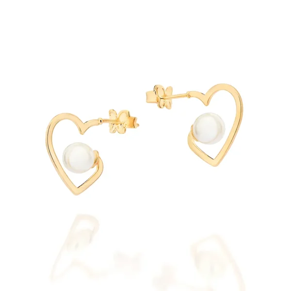 BRINCO MEIA ARGOLA CORAÇÃO BANHADO A OURO 18K COM PÉROLA - TAM.ÚNICO