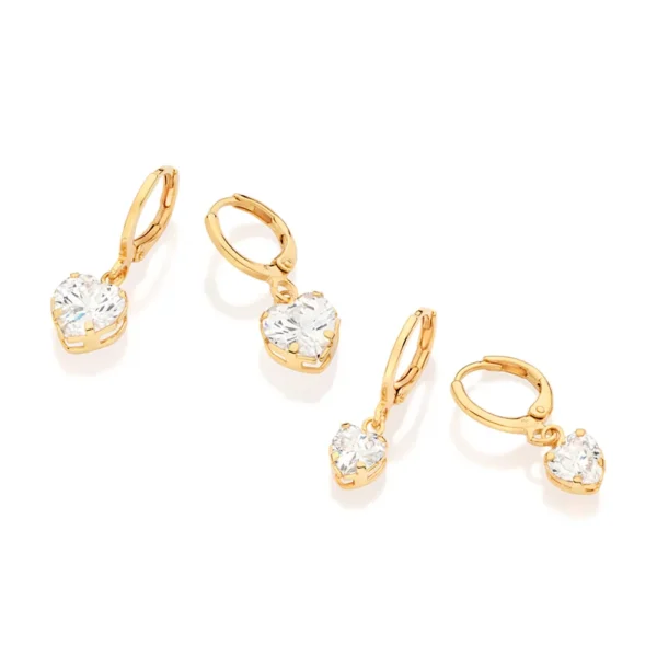KIT BRINCO ARGOLA CORAÇÃO BANHADO A OURO 18K COM ZIRCÔNIAS - TAM.ÚNICO