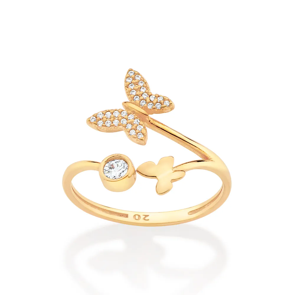 ANEL SKINNY BORBOLETA BANHADO A OURO 18K COM ZIRCÔNIAS 22