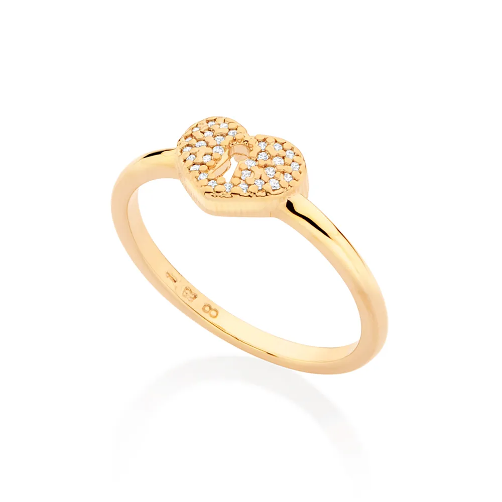 ANEL SKINNY CORAÇÃO FECHADURA BANHADO A OURO 18K COM ZIRCÔNIAS 18