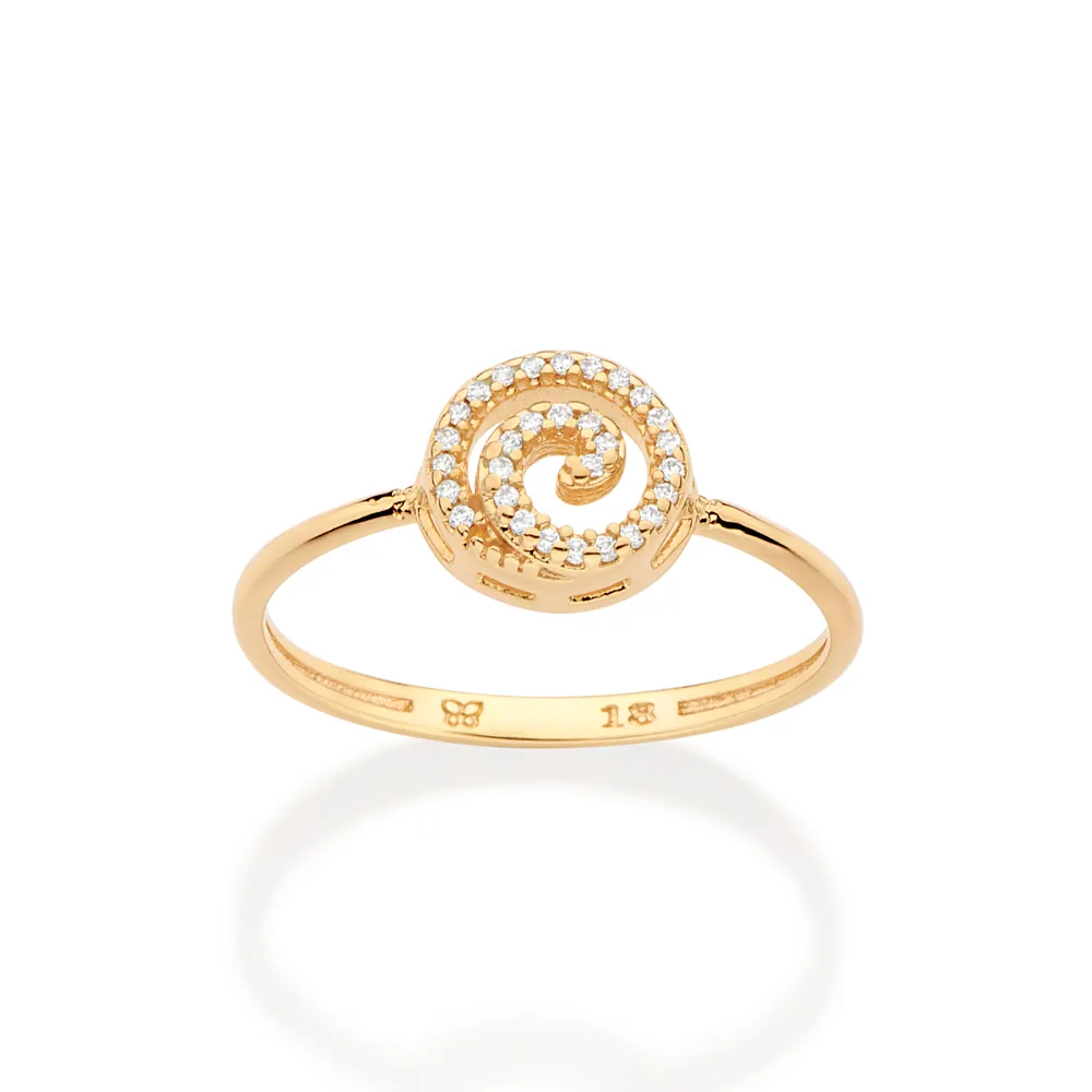 ANEL SKINNY ESPIRAL BANHADO A OURO 18K COM ZIRCÔNIAS  20