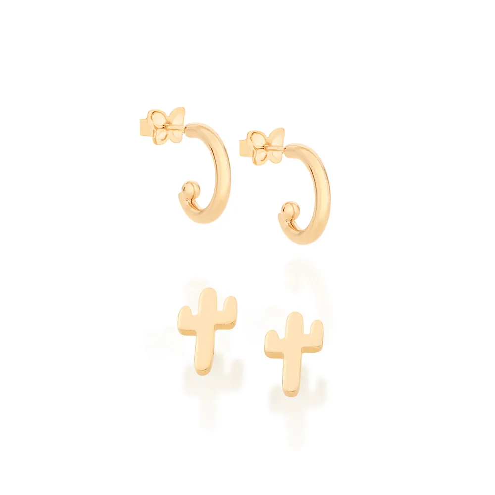 KIT BRINCO CACTO E ARGOLINHAS BANHADOS A OURO 18K - TAM.ÚNICO
