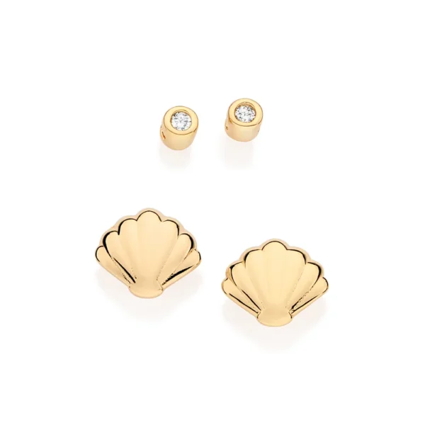 KIT BRINCO SOLITÁRIO E CONCHA BANHADO A OURO 18K COM ZIRCÔNIAS - TAM.ÚNICO